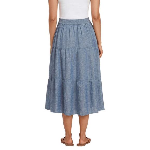 New! Matty M Women's Plus Linen Blend Side Slit Pockets Tiered Midi Skirt - Picture 3 of 5